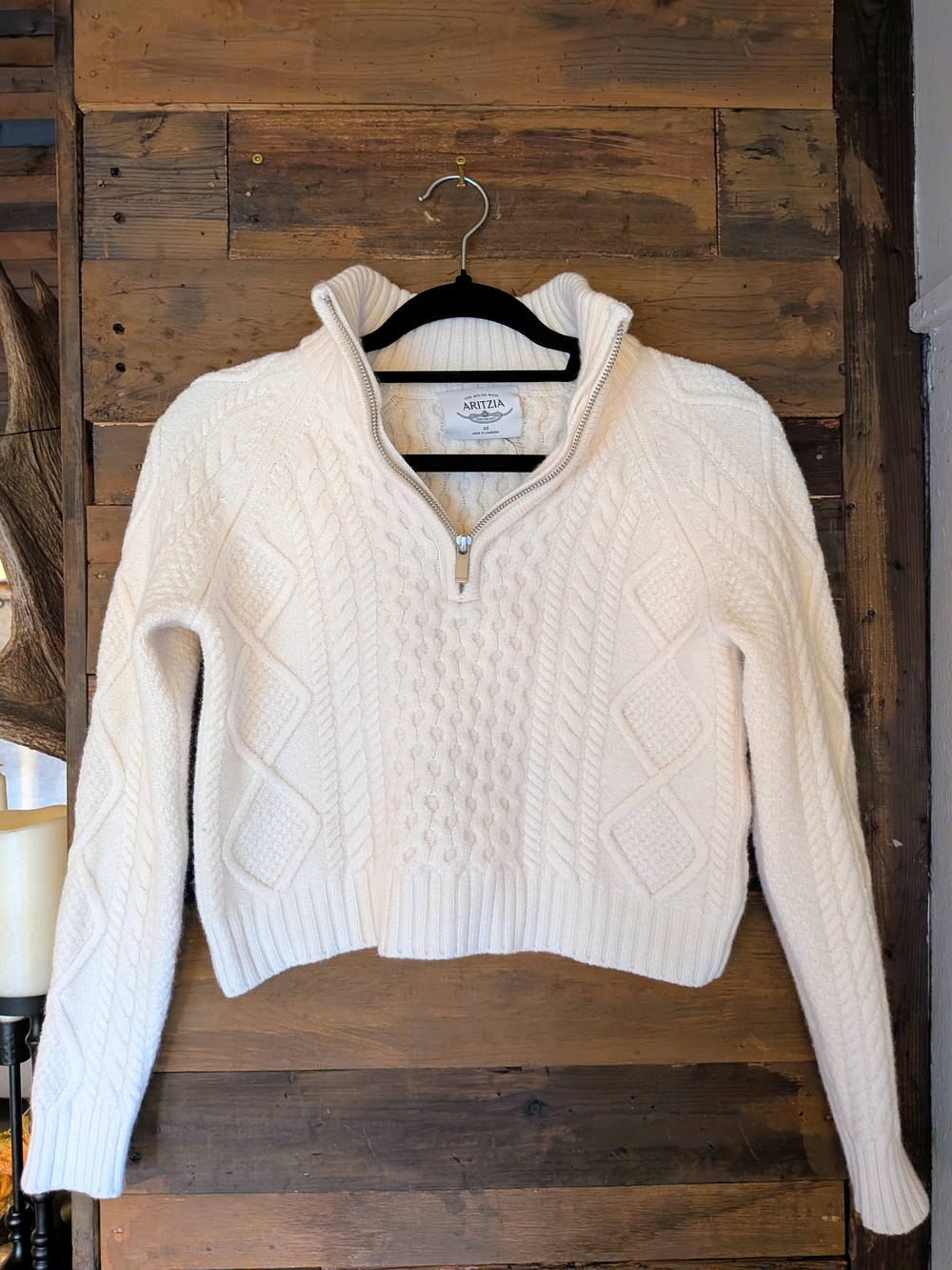 Aritzia Cream 100% Merino Wool Cable-Knit Half-Zip Cropped Sweater